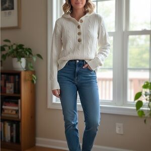 VTG Old Navy Y2K White Cable Knit Hooded Henley Sweater - 100% Cotton - Sz S